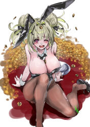 Rule 34 | 1girl, animal ears, antenna hair, bare shoulders, between breasts, black bow, black bowtie, black leotard, blush, bow, bowtie, breasts, brown pantyhose, cleavage, coin, collarbone, detached collar, double bun, fake animal ears, goddess of victory: nikke, green hair, hair bun, hair ornament, hair ribbon, hairclip, heart antenna hair, high heels, huge breasts, large breasts, leotard, long hair, open mouth, pantyhose, pink eyes, playboy bunny, rabbit ears, ribbon, sitting, soda (nikke), solo, strapless, strapless leotard, sweat, tearing up, torn clothes, torn pantyhose, youmou usagi