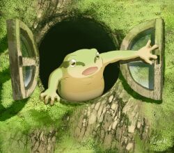 animal_focus commentary_request day frog hachiya_shohei highres moss no_humans open_mouth original signature tree window