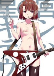 Rule 34 | &gt;:o, 1girl, :o, bad id, bad pixiv id, bandaid, bandaids on nipples, black thighhighs, breasts, brown hair, cigarette, collarbone, commentary request, convenient censoring, covered erect nipples, cowboy shot, electric guitar, gibson flying v, guitar, hair ornament, hairclip, holding, holding cigarette, instrument, looking at viewer, medium breasts, nude, open mouth, original, pasties, red eyes, shiny skin, short hair, smoke, smoking, solo, standing, suzushiro nazuna, text focus, thighhighs, translation request, tsurime, v-shaped eyebrows, white background