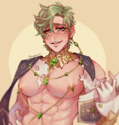 Rule 34 | 1boy, abs, blush, book, ear piercing, gloves, green eyes, green hair, heart, heart-shaped pupils, holding, holding book, male focus, muscular, nipple chain, nipple piercing, nu carnival, olivine (nu carnival), open book, open mouth, piercing, short hair, simple background, symbol-shaped pupils, tattered clothes