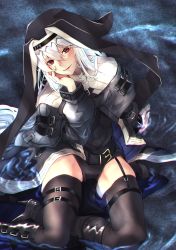 Rule 34 | 1girl, arknights, arm support, black cape, black dress, black footwear, black headwear, black thighhighs, boots, cape, commentary request, cross, dress, habit, hand on own cheek, hand on own face, head tilt, high heel boots, high heels, highres, jewelry, kuromu, long hair, long sleeves, looking at viewer, necklace, nun, parted lips, partial commentary, partially submerged, red eyes, silver hair, sitting, smile, solo, specter (arknights), thighhighs, thighs, very long hair, water, yokozuwari