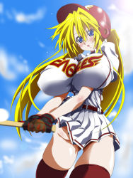 Rule 34 | 1girl, baseball, baseball bat, baseball uniform, blonde hair, blue eyes, blush, breasts, clothes writing, covered erect nipples, gigantic breasts, gloves, hat, highres, huge breasts, nippon professional baseball, oobashin, open mouth, skirt, solo, sportswear, thighhighs, touhoku rakuten golden eagles, twintails