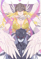 2girls angel angel_and_devil angel_wings angewomon black_bodysuit blonde_hair bodysuit breast_rest breasts breasts_on_head cleavage covered_eyes demon_girl digimon digimon_(creature) fang feathered_wings futa_yuri_ryona grey_eyes grey_hair heart helmet helmet_over_eyes highres ladydevimon large_breasts multiple_girls multiple_wings pink_ribbon purple_lips ribbon smile upper_body white_bodysuit white_wings winged_helmet wings