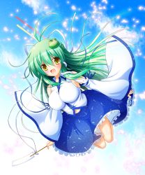 Rule 34 | 1girl, ^ ^, bare shoulders, blue sky, blush, breasts, closed eyes, cloud, detached sleeves, expressive clothes, closed eyes, female focus, flying, frog hair ornament, gohei, green hair, hair ornament, kochiya sanae, large breasts, long hair, long sleeves, looking at viewer, navel, one eye closed, oonusa, open mouth, osashin (osada), petals, skirt, skirt set, sky, smile, snake hair ornament, solo, touhou, upper body, very long hair, wide sleeves, wink, yellow eyes