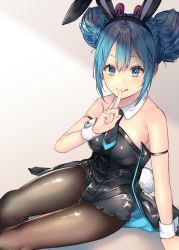 Rule 34 | 1girl, :q, animal ears, arm support, bare shoulders, bicute bunnies miku, black hairband, black leotard, black necktie, black pantyhose, blue eyes, blue hair, blush, braid, braided bun, brown pantyhose, closed mouth, collar, commentary request, detached collar, double bun, eyebrows hidden by hair, fake animal ears, finger to mouth, fishnet pantyhose, fishnets, hair between eyes, hair bun, hairband, hand up, hatsune miku, index finger raised, leotard, necktie, pantyhose, playboy bunny, rabbit ears, rabbit tail, shiomizu (swat), short necktie, sidelocks, sitting, smile, solo, strapless, strapless leotard, tail, tongue, tongue out, vocaloid, white collar, wrist cuffs
