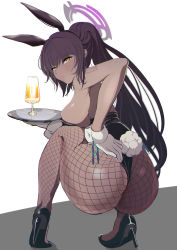 Rule 34 | 1girl, absurdres, animal ears, ass, bare shoulders, black footwear, black leotard, blue archive, blush, breasts, cup, dark-skinned female, dark skin, drinking glass, fake animal ears, fishnet pantyhose, fishnets, halo, high heels, highres, holding, holding tray, huge ass, karin (blue archive), karin (bunny) (blue archive), large breasts, leotard, long hair, looking at viewer, looking back, oni- -on, pantyhose, playboy bunny, ponytail, purple hair, rabbit ears, rabbit tail, shoulder tattoo, sideboob, solo, squatting, tail, tattoo, thigh strap, thighs, tray, very long hair, white background, wrist cuffs, yellow eyes