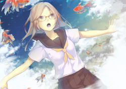 Rule 34 | blonde hair, cloud, fish, glasses, goldfish, la-na, long hair, open mouth, original, outstretched arms, school uniform, serafuku, skirt, solo, spread arms, star (sky), yellow eyes