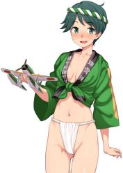 Rule 34 | 1girl, aircraft, airplane, black hair, blush, breasts, cowboy shot, e16a zuiun, fundoshi, gluteal fold, green eyes, hachimaki, happi, headband, japanese clothes, kantai collection, kumadano, looking at viewer, mogami (kancolle), navel, no bra, open mouth, short hair, simple background, small breasts, solo, standing, swept bangs, white background