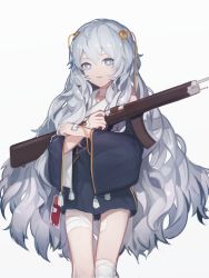 Rule 34 | 1girl, absurdres, assault rifle, automatic rifle, bad id, bad pixiv id, bandaged leg, bandages, blood, blood bag, blue eyes, commentary, dress, girls&#039; frontline, gun, hair between eyes, hair ornament, highres, holding, holding gun, holding weapon, long hair, looking at viewer, mycash75, ribeyrolles (girls&#039; frontline), ribeyrolles 1918, rifle, silver hair, simple background, solo, very long hair, wavy hair, weapon, white background