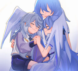 Rule 34 | 1boy, 2girls, aged down, black bow, black shorts, bow, brother and sister, child, closed eyes, dress, feathered wings, hair bow, hand on another&#039;s back, happy, head wings, highres, holding hands, honkai: star rail, honkai (series), large head wings, long hair, long sleeves, mother and daughter, mother and son, multiple girls, no eyes, purple hair, purple shirt, robin (honkai: star rail), shirokumun, shirt, short sleeves, shorts, siblings, sitting, sitting on lap, sitting on person, smile, sunday (honkai: star rail), vest, white background, white dress, white vest, wings
