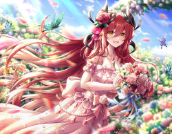 Rule 34 | 1girl, alternate costume, arm scrunchie, bare shoulders, bouquet, breasts, bridal gauntlets, bug, butterfly, cleavage, dress, duel monster, flower, hair flower, hair ornament, highres, holding, holding bouquet, insect, jewelry, large breasts, long hair, necklace, open mouth, orange eyes, outdoors, pink dress, red hair, solo, traptrix allomerus, unisenpai, wedding dress, yu-gi-oh!