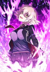 Rule 34 | 1girl, breasts, fate/grand order, fate (series), fire, grey hair, highres, jacket, jeanne d&#039;arc alter (avenger) (fate), jeanne d&#039;arc alter (fate), large breasts, looking at viewer, necktie, open mouth, purple fire, sakura tsubame, school uniform, shaded face, short hair, skirt, smile, solo, thighs, yellow eyes