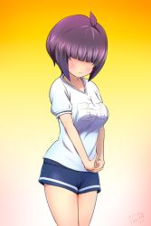 Rule 34 | 10s, 1girl, blue shorts, blunt bangs, blush, breasts, closed mouth, commentary request, cowboy shot, facing viewer, gym shirt, gym shorts, gym uniform, hair over eyes, large breasts, name tag, oishi asuka, own hands together, picolette xiii, purple hair, ryuuou no oshigoto!, shirt, short hair, short shorts, short sleeves, shorts, sidelocks, signature, solo, white shirt
