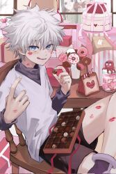 Rule 34 | 3boys, bag, black shorts, blue eyes, blush, box, box of chocolates, child, chocolate, cowboy shot, crossed legs, doughnut, food, from side, gift, gift box, hand up, highres, hisoka morow, holding, holding chocolate, holding food, hunter x hunter, illumi zoldyck, index finger raised, indoors, jar, killua zoldyck, layered sleeves, licking lips, light smile, lipstick mark, lipstick mark on face, lipstick mark on hand, lipstick mark on leg, lipstick mark on neck, looking at viewer, male focus, multiple boys, ne a2, on chair, paper bag, pointing, pointing at self, purple shirt, red ribbon, ribbon, shirt, short hair, shorts, sitting, solo focus, table, tongue, tongue out, white hair, white shirt, window