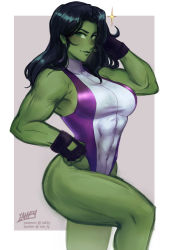 Rule 34 | 1girl, abs, arm up, biceps, black hair, border, breasts, colored skin, covered navel, feet out of frame, green eyes, green skin, grey background, hand on own hip, iahfy, large breasts, leotard, long hair, looking at viewer, marvel, muscular, muscular female, she-hulk, simple background, solo, white border