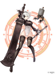 Rule 34 | 1girl, absurdres, black gloves, black thighhighs, blindfold, breasts, cleavage, copyright name, curvy, feather trim, female focus, full body, gloves, hairband, highres, holding, holding sword, holding weapon, huge weapon, ji no, katana, leotard, medium breasts, mole, mole under mouth, nier (series), nier:automata, official art, pod (nier:automata), puffy sleeves, short hair, simple background, sinoalice, solo, sword, thighhighs, weapon, white background, white hair, white leotard, 2b (nier:automata)