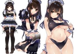 Rule 34 | 1girl, :q, all fours, bikini, bikini under clothes, black bikini, black eyes, black hair, black thighhighs, breasts, brown eyes, brown hair, cleavage, closed mouth, cowboy shot, gluteal fold, kou mashiro, large breasts, long hair, looking at viewer, maid, maid headdress, multiple views, navel, original, simple background, standing, swimsuit, thighhighs, tongue, tongue out, underboob, white background, wrist cuffs