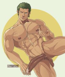 Rule 34 | 1boy, abs, alternate pectoral size, bara, come hither, feet out of frame, girthy penis, green hair, half-erect, highres, keo senri (neriseko), large pectorals, large penis, long sideburns, looking at viewer, male focus, muscular, muscular male, navel, nipples, one piece, pectorals, penis, roronoa zoro, seductive smile, short hair, sideburns, smile, solo, stomach, thick thighs, thighs