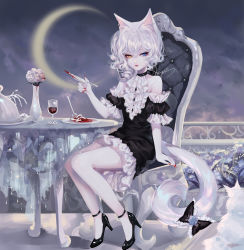 Rule 34 | 1girl, animal ears, arm support, artist name, bare shoulders, black dress, black footwear, blue eyes, cat ears, cat tail, chair, commentary, crescent moon, cup, dress, drinking glass, heterochromia, high heels, highres, looking at viewer, moon, nail polish, original, puffy short sleeves, puffy sleeves, red nails, sheya, short dress, short hair, short sleeves, signature, silver hair, sitting, solo, symbol-only commentary, table, tail, vase, wine glass, yellow eyes