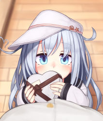 Rule 34 | 1boy, 1girl, admiral (kancolle), ahoge, black sailor collar, blurry, blush, box, commentary request, covered mouth, depth of field, eyes visible through hair, flat cap, from above, gift, gift box, hammer and sickle, hat, heart, heart-shaped box, heart ahoge, hibiki (kancolle), highres, holding, holding box, holding gift, jewelry, kantai collection, long hair, looking at viewer, looking up, pavement, pov, reitou mikan, ring, sailor collar, school uniform, serafuku, sideways hat, silver hair, sleeves past wrists, solo focus, star (symbol), valentine, verniy (kancolle), wedding band, white hat