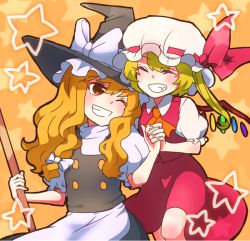 Rule 34 | 2girls, apron, blonde hair, bow, closed eyes, fang, fingernails, flandre scarlet, grin, hair bow, holding hands, happy, hat, hat ribbon, head tilt, heads together, high collar, kirisame marisa, long hair, looking at another, makako (makarori ), multiple girls, orange background, puffy short sleeves, puffy sleeves, red eyes, ribbon, short hair, short sleeves, side ponytail, sideways glance, skirt, skirt set, smile, star (symbol), starry background, touhou, waist apron, wings, wink, witch hat