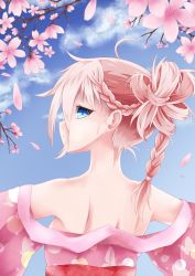 Rule 34 | 1girl, blue eyes, braid, cherry blossoms, dying0414, from behind, hair up, highres, ia (vocaloid), japanese clothes, kimono, looking back, off shoulder, petals, pink hair, pink kimono, solo, upper body, vocaloid, yukata