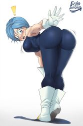Rule 34 | !, 1girl, alternate costume, ass, ass focus, blue eyes, blue hair, blush, boots, breasts, bulma, cosplay, costume switch, dragon ball, dragonball z, echo saber, gloves, highres, large breasts, lipstick, looking back, makeup, muscular, muscular female, short hair, source request, vegeta, white background