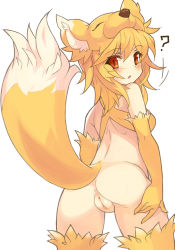 Rule 34 | 1girl, ?, animal ears, animal hat, ass, back, bare shoulders, blonde hair, blush, bottomless, cleft of venus, elbow gloves, fox ears, from behind, gloves, hat, looking at viewer, looking back, moonlight flower, no panties, open mouth, pussy, ragnarok online, red eyes, short hair, simple background, solo, tail, thighhighs, tsudero, uncensored
