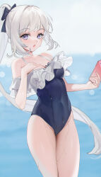 Rule 34 | 1girl, :o, absurdres, blue archive, blue one-piece swimsuit, blurry, blurry background, blush, bow, breasts, casual one-piece swimsuit, collarbone, covered navel, frilled one-piece swimsuit, frills, hair bow, hand on own chest, highres, holding, holding phone, long hair, looking at viewer, medium breasts, miyako (blue archive), miyako (swimsuit) (blue archive), ocean, off-shoulder one-piece swimsuit, off shoulder, official alternate costume, one-piece swimsuit, phone, ponytail, purple eyes, sidelocks, solo, swimsuit, thighs, very long hair, wet, white hair, zhudouzi