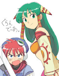 Rule 34 | 1boy, 1girl, blue eyes, breasts, closed mouth, feena (grandia), goggles, grandia, grandia i, green eyes, green hair, hair ornament, hair tubes, hat, highres, jewelry, justin (grandia), long hair, looking at viewer, low-tied long hair, midriff, open mouth, red hair, simple background, smile, sword, tsubobot, weapon, white background