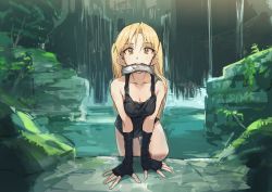 Rule 34 | 1girl, blonde hair, breasts, character request, cleavage, fish, gloves, highres, long hair, mouth hold, solo, tank top, tugo, twintails, water, wet, yellow eyes