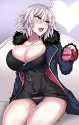Rule 34 | 1girl, ahoge, black dress, black panties, blue coat, breasts, bursting breasts, chocolate, cleavage, coat, commentary request, dress, fate/grand order, fate (series), female focus, fur-trimmed coat, fur-trimmed sleeves, fur collar, fur trim, heart, highres, huge breasts, jacket, jeanne d&#039;arc (fate), jeanne d&#039;arc alter (fate), jeanne d&#039;arc alter (ver. shinjuku 1999) (fate), jewelry, kneeling, lace, lace-trimmed panties, lace trim, large breasts, legs, necklace, official alternate costume, open clothes, open coat, open jacket, open mouth, panties, puripuri jet, short dress, short hair, sitting, solo, thighs, underwear, valentine, wicked dragon witch ver. shinjuku 1999, yellow eyes