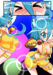 Rule 34 | &gt; &lt;, 1girl, ahoge, alternate costume, animal ears, aqua eyes, ass, bare shoulders, blue hair, blush, brave dungeon, breasts, fangs, from behind, gloves, hajimu, highres, leaning, leaning forward, looking at viewer, looking back, majin shoujo, microphone, open mouth, papelne, shiny clothes, shiny skin, short hair, shorts, small breasts, smile, solo, suspenders, sweat, tail, wolf ears, wolf tail