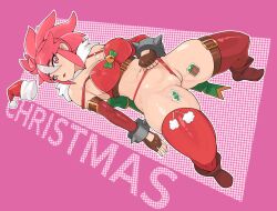 Rule 34 | 1girl, absurdres, bell, belt, boots, breasts, brown footwear, character request, christmas, christmas present, cleft of venus, copyright request, covered erect nipples, elbow gloves, fingerless gloves, frontal wedgie, gift, gloves, hair between eyes, hashimoto seigi, hat, highres, large breasts, long hair, looking at viewer, looking to the side, lying, navel, on back, open mouth, pink background, pussy, red eyes, santa hat, sidelocks, solo, thick thighs, thighhighs, thighs, tree, wedgie