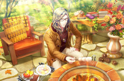 Rule 34 | 1boy, apple, autumn leaves, bespectacled, blonde hair, blouse, blue eyes, book, book stack, branch, brown-framed eyewear, brown jacket, campfire, camus (uta no prince-sama), candy, chair, chestnut, chocolate, chocolate bar, cobblestone, cushion, day, fingernails, firewood, flower, foil, food, fruit, glasses, glasses case, grass, grey shirt, hand on own thigh, highres, holding, holding stick, jacket, jewelry, leaf, leaf necklace, looking at viewer, male focus, maple leaf, marshmallow, medium hair, official art, on one knee, open clothes, open jacket, orange flower, pants, parted lips, pendant, plate, red sweater vest, roasting, shirt, solo, stick, stone walkway, sunlight, sweater vest, sweet potato, table, tablecloth, third-party source, tongs, tree, uta no prince-sama, uta no prince-sama: shining live, vase, yellow flower, yellow pants