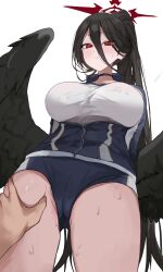 Rule 34 | 1boy, 1girl, absurdres, black choker, black hair, black wings, blue archive, blue jacket, blue shorts, blush, breasts, cameltoe, choker, cleft of venus, cowboy shot, feathered wings, gym shirt, gym shorts, gym uniform, hair between eyes, halo, hasumi (blue archive), hasumi (track) (blue archive), hetero, highres, jacket, large breasts, large wings, long hair, long sleeves, looking at viewer, low wings, lsssssss, micro shorts, mole, mole under eye, official alternate costume, partially unzipped, ponytail, pubic hair, pussy, red eyes, red halo, shirt, shorts, simple background, spread pussy, sweat, thigh grab, track jacket, very long hair, white background, white shirt, wings