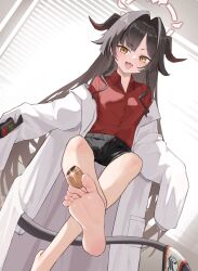 Rule 34 | 1girl, :d, absurdres, ar-gand, barefoot, between toes, black hair, black horns, black shorts, blue archive, feet, halo, highres, horns, kasumi (blue archive), lab coat, legs, long hair, looking at viewer, open mouth, red shirt, shirt, shorts, sitting, sleeves past fingers, sleeves past wrists, smile, soles, solo, tail, toes, yellow eyes