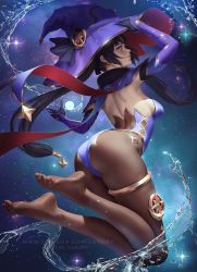 Rule 34 | 1girl, ass, black hair, blue eyes, earrings, elbow gloves, feet, female focus, full body, genshin impact, gloves, hat, highres, jewelry, legs, long hair, looking at viewer, looking back, mona (genshin impact), pantyhose, solo, space, twintails, water, witch hat, zarory