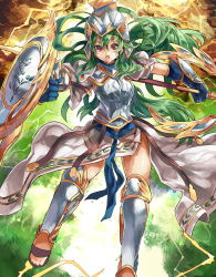 Rule 34 | 1girl, armor, athena (p&amp;d), bad id, bad pixiv id, green hair, helmet, himuro shunsuke, long hair, polearm, puzzle &amp; dragons, red eyes, shield, solo, spear, weapon