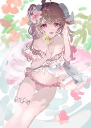 Rule 34 | 1girl, arknights, bare legs, bare shoulders, bikini, brown hair, collarbone, commentary request, eyjafjalla (arknights), eyjafjalla (summer flower) (arknights), feet out of frame, flower, food, from above, gawako, goat horns, hair flower, hair ornament, highres, holding, holding food, horns, leg ribbon, long hair, looking at viewer, off-shoulder bikini, off shoulder, official alternate costume, open mouth, pink bikini, pink eyes, pink flower, popsicle, ribbon, smile, solo, swimsuit, teeth, thigh ribbon, unfinished, upper teeth only