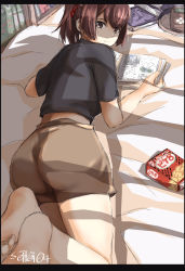Rule 34 | 1girl, artist name, ass, back, bare legs, barefoot, book, brown eyes, brown hair, commentary request, feet, food, hair ribbon, highres, ise (kancolle), kantai collection, looking at viewer, looking back, lying, on stomach, open book, pocky, ponytail, ribbon, seitei (04seitei), short hair, smile, soles, solo, toes, undershirt
