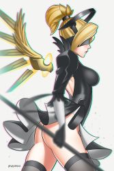 Rule 34 | 1girl, ass, black dress, black gloves, black hairband, blindfold, blurry, commentary, cosplay, covered eyes, crossover, depth of field, dress, feather-trimmed sleeves, gloves, glowing, glowing wings, hairband, high ponytail, holding, holding staff, juliet sleeves, leotard, long sleeves, mechanical wings, mercy (overwatch), nier (series), nier:automata, overwatch, overwatch 1, puffy sleeves, spread wings, staff, vambraces, velladonna, white leotard, wings, yellow wings, 2b (nier:automata), 2b (nier:automata) (cosplay)