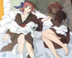 Rule 34 | 00s, 2girls, apron, barefoot, bed, blue eyes, bow, breasts, cleavage, dress, feet, from above, hair bow, holding hands, hisui (tsukihime), interlocked fingers, japanese clothes, jpeg artifacts, kimono, kohaku (tsukihime), legs, lying, maid, maid apron, maid headdress, matsumoto fumio, megami magazine, multiple girls, no bra, official art, on back, on side, open clothes, open shirt, orange eyes, pillow, pink hair, red hair, shirt, short hair, siblings, sisters, tsukihime, twins