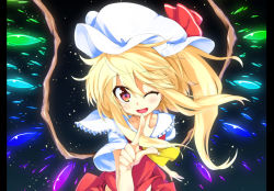 Rule 34 | 1girl, ascot, blonde hair, collarbone, crystal, fang, female focus, flandre scarlet, hat, hat ribbon, open mouth, red eyes, ribbon, short sleeves, side ponytail, solo, touhou, wings, yuuki. (limit)