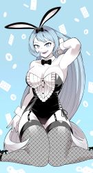 Rule 34 | 1girl, :d, absurdres, alternate costume, animal ears, bare shoulders, black leotard, boku no hero academia, breasts, commentary request, detached collar, fake animal ears, fishnet pantyhose, fishnets, hadou nejire, highres, koyap, leotard, long hair, looking at viewer, medium breasts, open mouth, pantyhose, playboy bunny, rabbit ears, sitting, smile, solo, strapless, strapless leotard, wariza, wrist cuffs