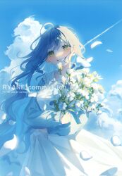 Rule 34 | 1girl, absurdres, ahoge, blue hair, blue sky, blush, bouquet, clenched teeth, cloud, collared dress, commission, contrail, corrupted twitter file, cumulonimbus cloud, day, dress, english text, falling petals, flower, frills, green eyes, grin, highres, holding, holding bouquet, holding flower, long hair, long sleeves, looking at viewer, original, outdoors, petals, ryane (yry 0), sky, smile, solo, teeth, very long hair, watermark, white dress, white flower