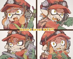 Rule 34 | 2boys, 2girls, bags under eyes, bamboozler 14 (splatoon), bomb, clenched teeth, constricted pupils, crying, crying with eyes open, despair, duct tape, explosive, fangs, fire helmet, firefighter jacket, gameplay mechanics, gloves, green gloves, gun, headset, high-visibility vest, highres, holding, holding bomb, holding gun, holding weapon, imaat, inkling, inkling player character, jacket, lifebuoy, multiple boys, multiple girls, n-zap (splatoon), nervous, nervous sweating, nintendo, octoling, octoling player character, open mouth, orange hair, orange headwear, orange jacket, pointy ears, rubber gloves, salmon run (splatoon), scared, short hair, splat bomb (splatoon), splatoon (series), splatoon 3, suction cups, sweat, swim ring, tearing up, tears, teeth, tentacle hair, wavy mouth, weapon, yellow eyes