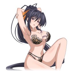 Rule 34 | 1girl, antenna hair, armpits, arms behind head, black hair, bra, breast tattoo, breasts, cleavage, female focus, hair ribbon, high school dxd, highres, himejima akeno, large breasts, legs, long hair, looking at viewer, navel, panties, ponytail, purple eyes, ribbon, seductive smile, sitting, smile, snake tattoo, solo, strapless, strapless bra, tattoo, thighs, underwear, underwear only, yellow ribbon