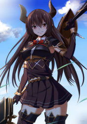 Rule 34 | 1girl, armor, armpit peek, belt, blush, bow, bowtie, bracelet, breasts, brooch, brown dress, brown eyes, brown gloves, brown hair, brown thighhighs, cowboy shot, draph, dress, dual wielding, elbow gloves, forte (shingeki no bahamut), gloves, granblue fantasy, grin, holding, horns, jewelry, lance, large breasts, long hair, looking at viewer, pauldrons, pointy ears, polearm, red bow, red bowtie, shingeki no bahamut, shiseki hirame, short dress, shoulder armor, smile, solo, thighhighs, weapon, zettai ryouiki