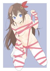 Rule 34 | 1girl, absurdres, bad id, bad twitter id, blue background, blue eyes, breasts, brown hair, collarbone, donguri suzume, hair between eyes, hair flaps, hair ornament, hairclip, highres, hololive, kneeling, long hair, looking at viewer, medium breasts, naked ribbon, navel, ribbon, solo, thighhighs, tokino sora, virtual youtuber, white thighhighs